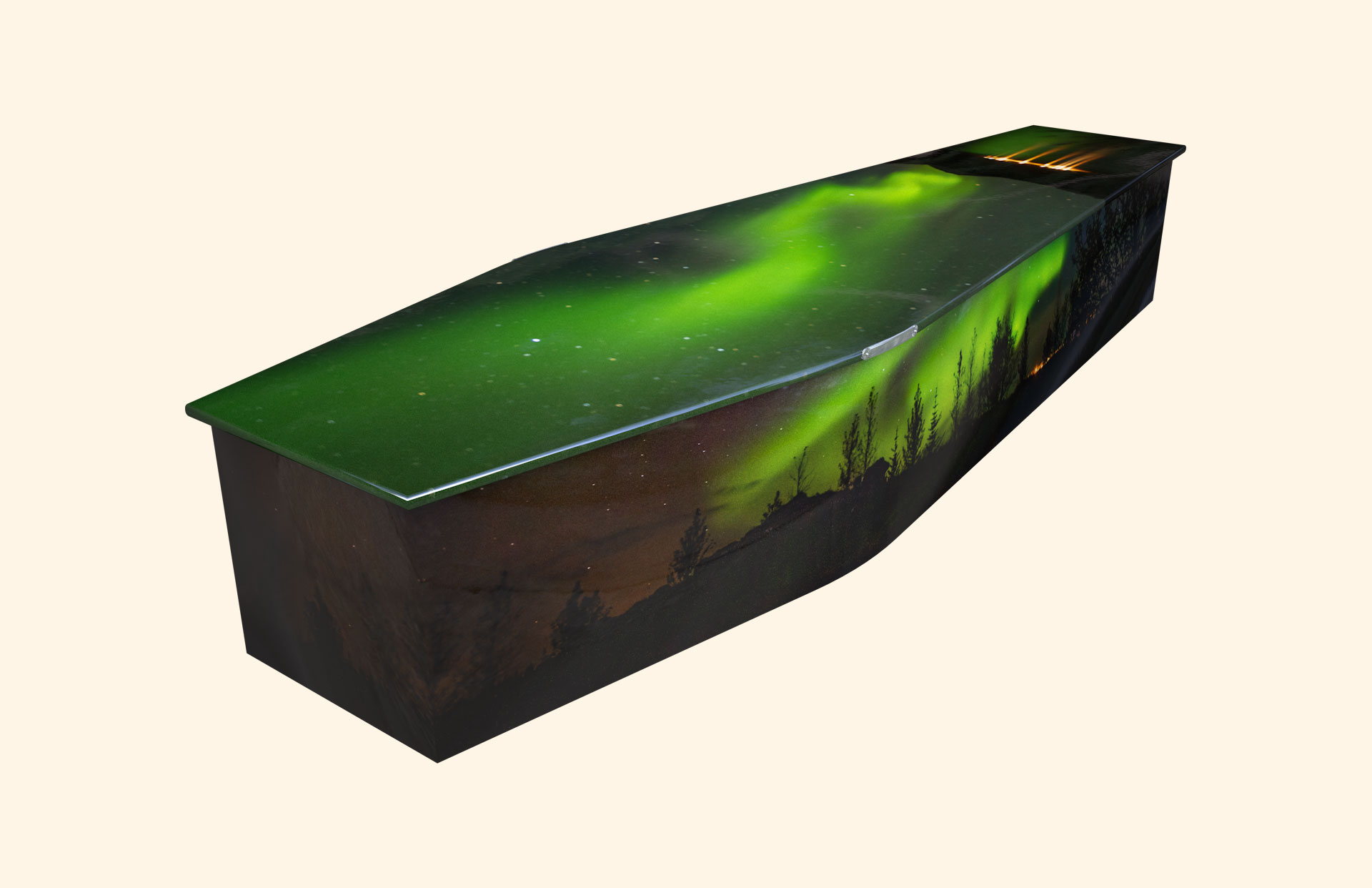 Northern Lights design on a traditional coffin
